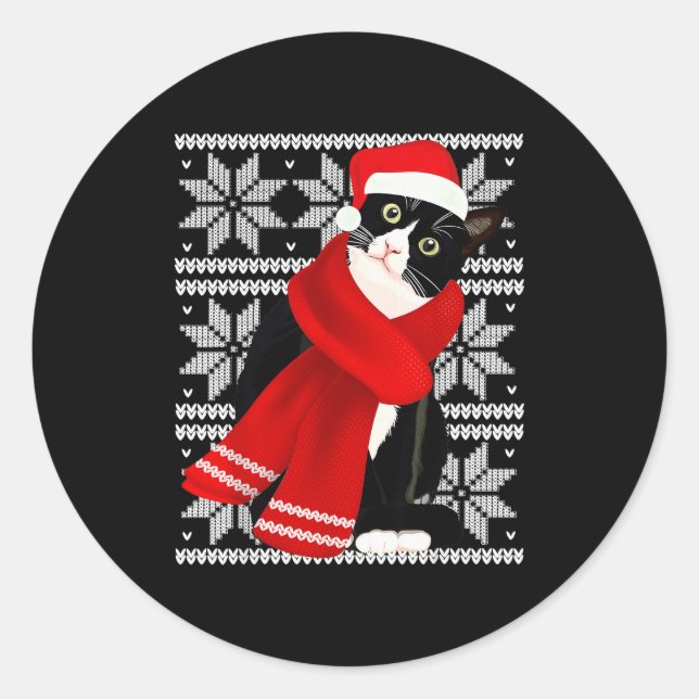 Sticker Rond Ugly Christmas Black Cat Santa Hat F Holiday Cute  (Devant)