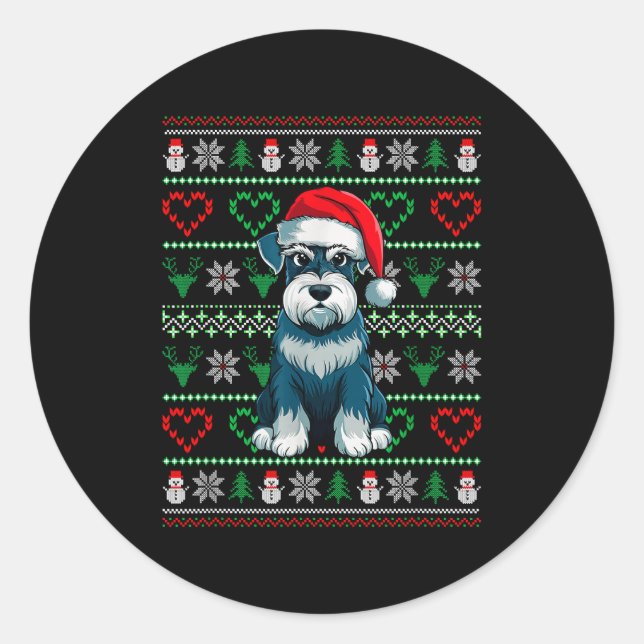 Sticker Rond Ugly Christmas Schnauzer Dog Wearing Santa Hat Xma (Devant)