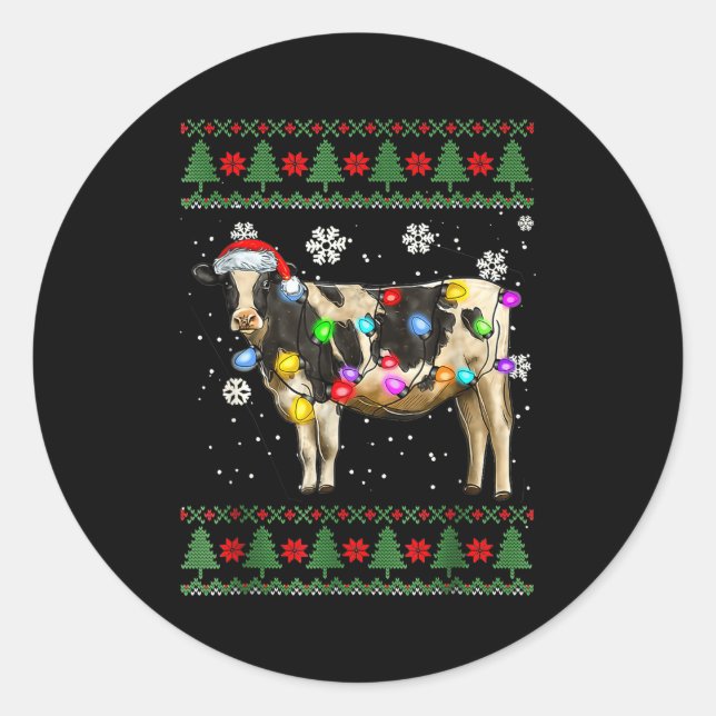 Sticker Rond Ugly Cow Christmas Sweater Santa Hat And Light Up  (Devant)