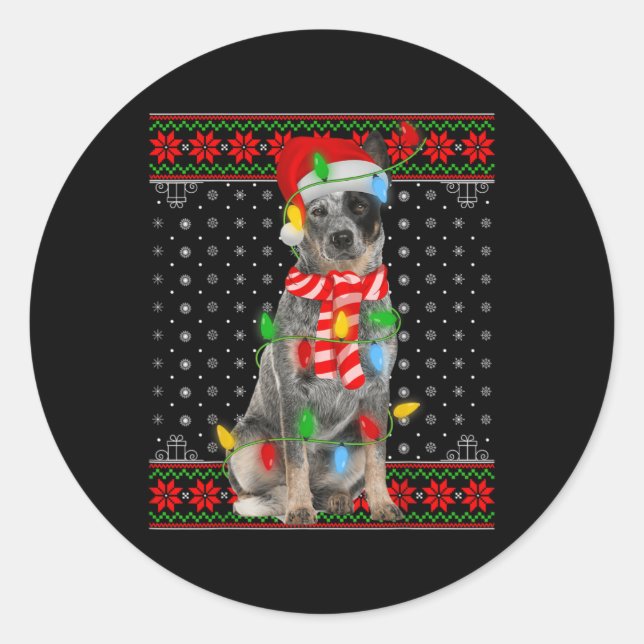 Sticker Rond Ugly Xmas Dog Lights Santa Hat Blue Heeler Dog Chr (Devant)