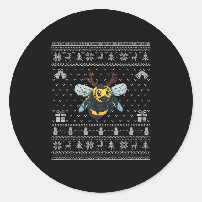 Sticker Rond Ugly Xmas Sweater Style Bumble Bee Reindeer Christ (Devant)