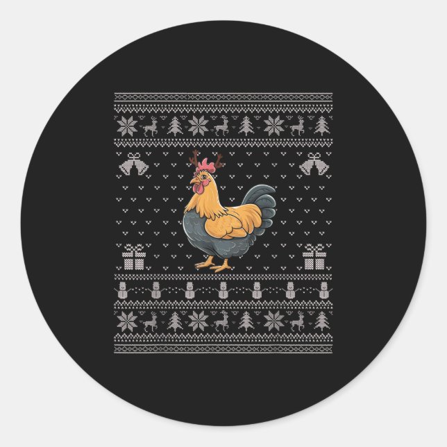Sticker Rond Ugly Xmas Sweater Style Chicken Reindeer Christmas (Devant)