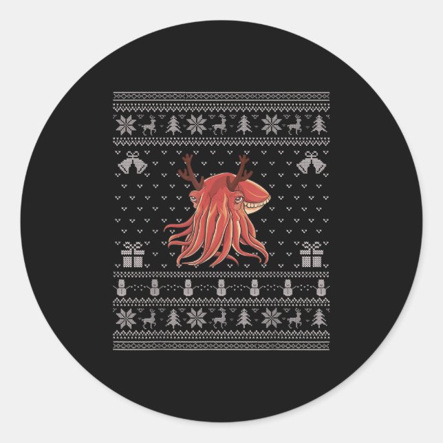 Sticker Rond Ugly Xmas Sweater Style Cuttlefish Reindeer Christ (Devant)