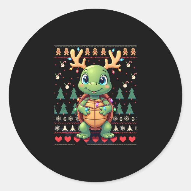 Sticker Rond Ugly Xmas Sweater Style Lighting Turtle Christmas  (Devant)