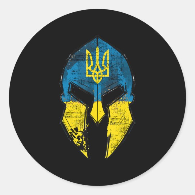 Sticker Rond Ukraine Casque Sparta Ukraine Crête Drapeau Hommes (Devant)
