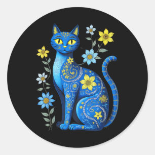 Sticker Rond Ukraine Chat Floral Vintage ukrainien Drapeau Vysh