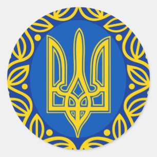 Sticker Rond Ukraine, Drapeau, Armoiries, Tryzub ukrainien
