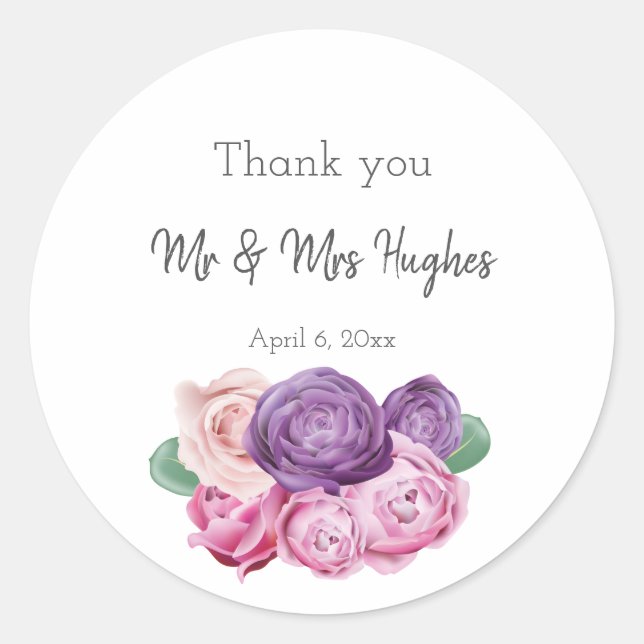 Sticker Rond Ultra violet et rose Roses mariage merci (Devant)