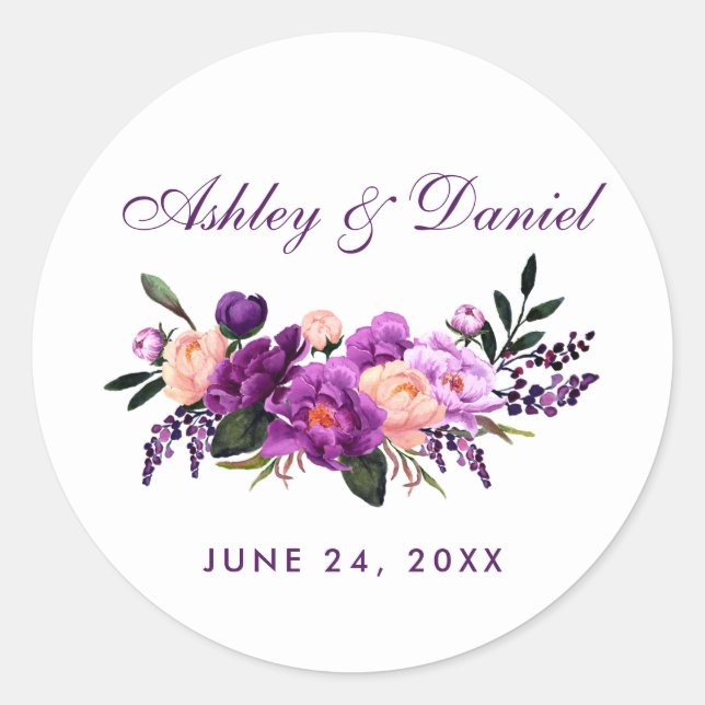 Sticker Rond Ultra violet violet Mariage d'aquarelle Florale PS (Devant)