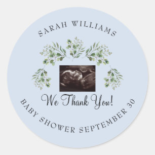 Sticker Rond  Ultrasound Photo Baby shower bleu Merci