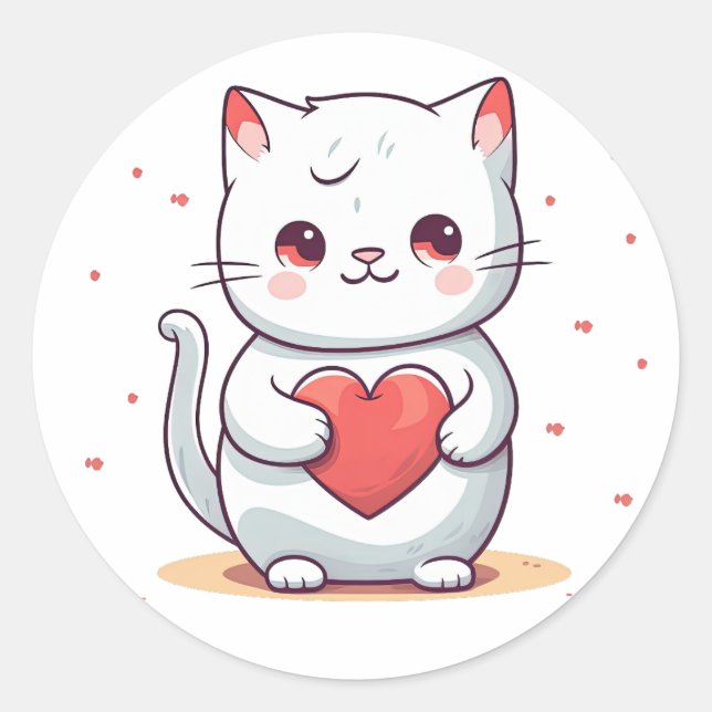 Sticker Rond Un adorable chat tenant un coeur (Devant)