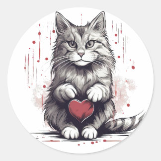 Sticker Rond Un adorable chat tenant un coeur
