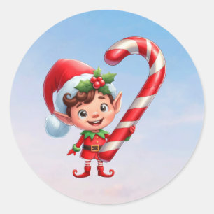Sticker Rond Un adorable elfe de Noël tenant un sucre de canne 