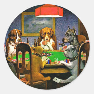 Sticker Rond Un ami dans le besoin, chiens jouant au poker,