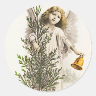 Sticker Rond Un ange tenant une cloche de Noël Vintage Fête
