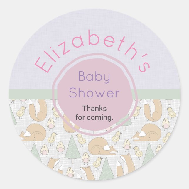 Sticker Rond Un Baby shower de créatures animales du bois migno (Devant)