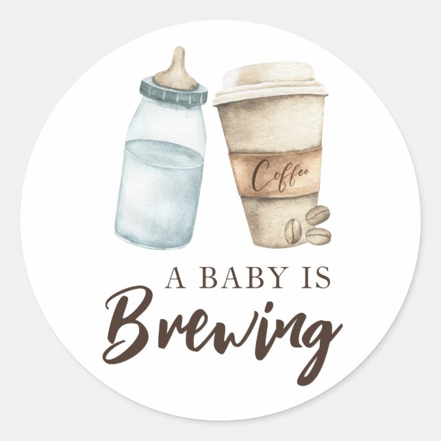 Sticker Rond Un bébé brasse une bouteille Baby shower café (Devant)