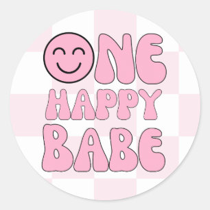 Sticker Rond Un Bébé heureux Happy Visage rose chèque
