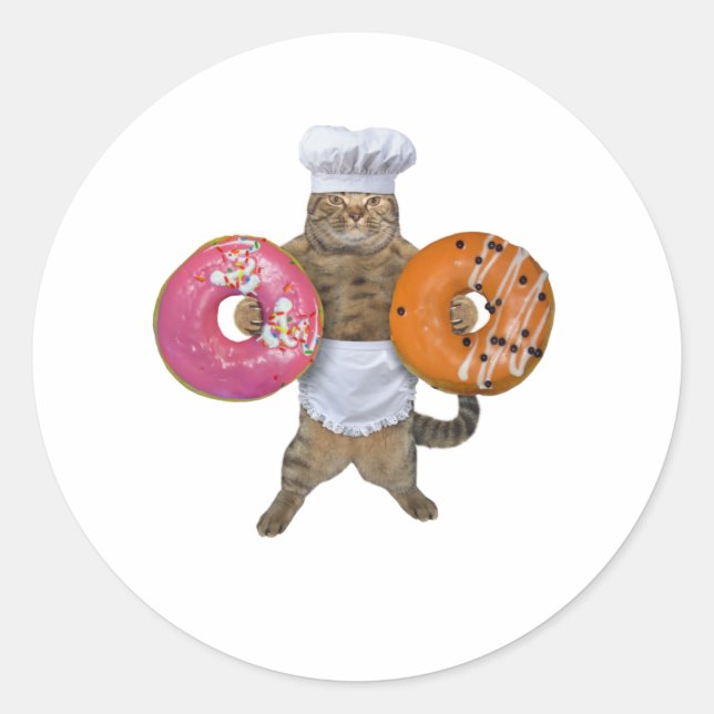 Sticker Rond Un boulanger kitty brandissant ses beignets (Devant)