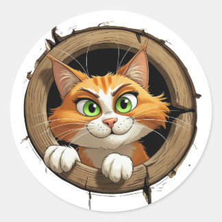 Sticker Rond Un chat de dessin animé avec des yeux verts brilla