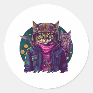 Sticker Rond Un chat et un hibou 