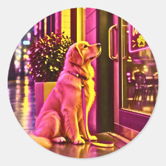 Sticker Rond Un chien attendant son propriétaire devant une bou