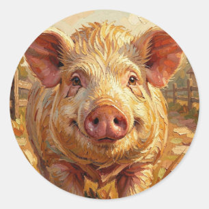 Sticker Rond Un cochon mignon dans une ferme boueuse