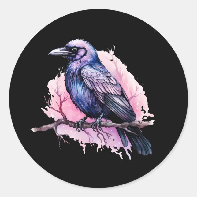 Sticker Rond Un Corbeau noir sur une branche (Devant)
