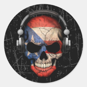 Sticker Rond Un crâne Dj Portoricain griffé avec casque