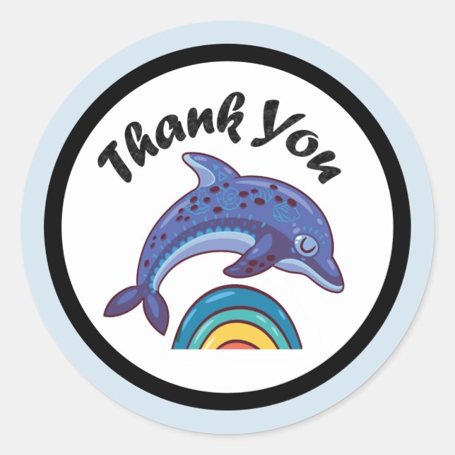 Sticker Rond Un Dauphin Saute Sur Un Merci Arc-En-Ciel (Devant)