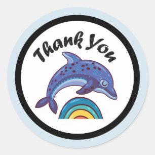 Sticker Rond Un Dauphin Saute Sur Un Merci Arc-En-Ciel