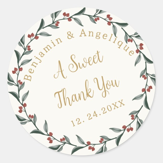 Sticker Rond Un doux Merci Noël Holly Wreath Mariage (Devant)