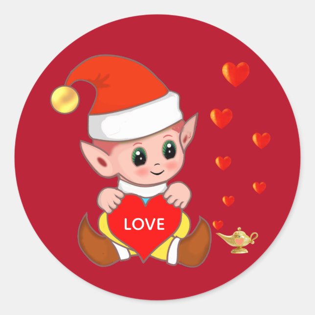 Sticker Rond Un elfe mignon aux coeurs d'amour sur le rouge (Devant)