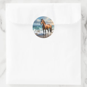 Sticker Rond Un Étonnant Cheval Brown Sur La Plage,