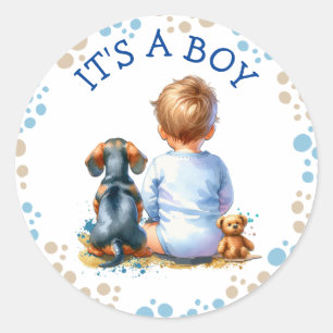 Sticker Rond Un garçon   Baby shower bébé et chiot de Dachshund