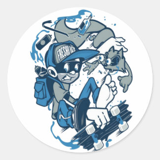 Sticker Rond Un Garçon De L'École Avec Longboard