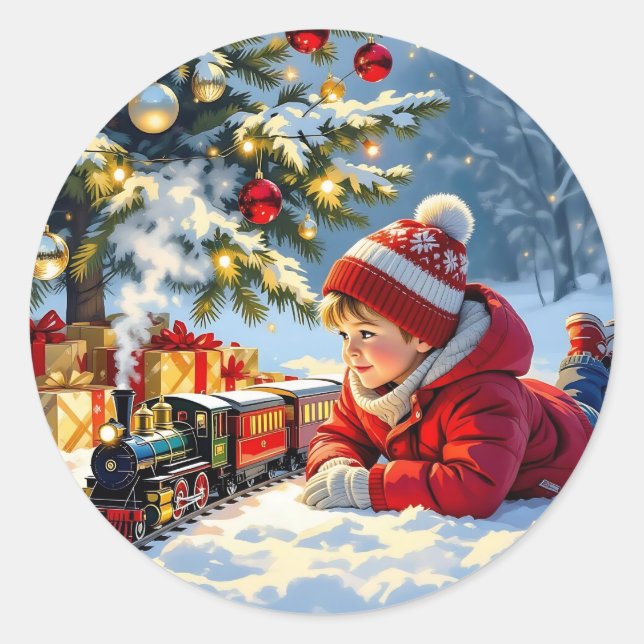 Sticker Rond Un garçon et son train de Noël (Devant)