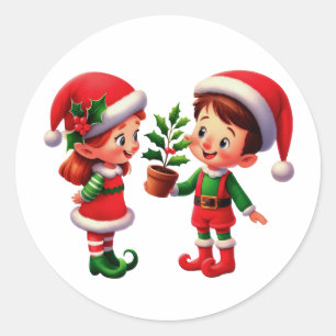 Sticker Rond Un garçon heureux et une fille Elf de Noël