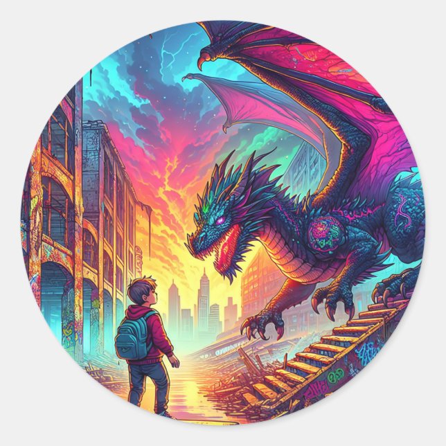Sticker Rond Un garçon rencontre un dragon dans un monde dystop (Devant)