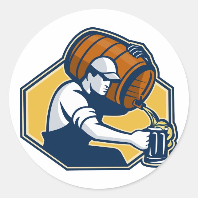 Sticker Rond Un Gardien Qui Verse De La Bière Du Baril À La Mug (Devant)