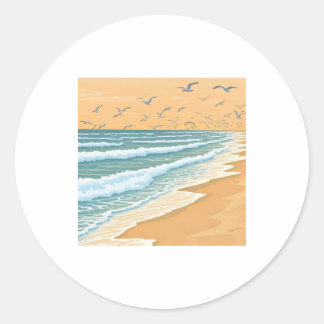 Sticker Rond un groupe de mouettes survolant une plage avec des