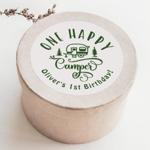 Sticker Rond Un Happy Camper vert minimaliste 1er anniversaire
