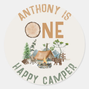Sticker Rond Un heureux Camper aquarelle Woodland 1er anniversa