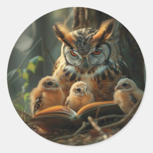 Sticker Rond Un hibou lisant un livre à des petits poussins