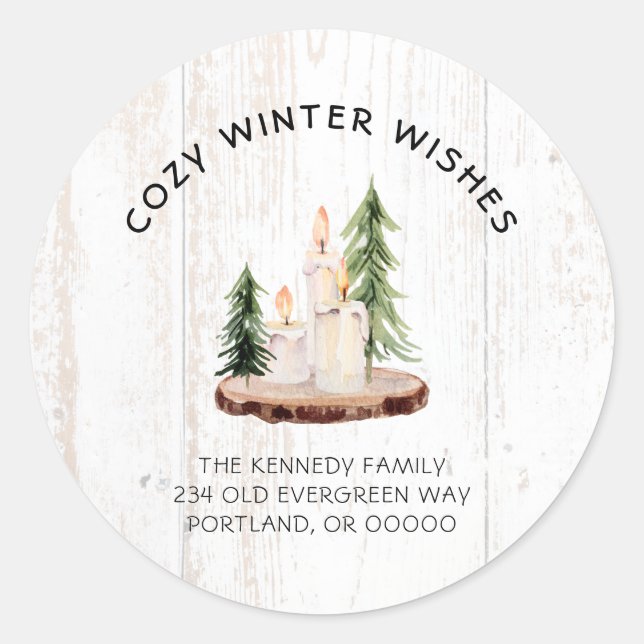 Sticker Rond Un hiver doux souhaits Blanc Distressed Bois Noël (Devant)