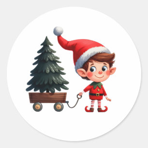 Sticker Rond Un joli elfe de Noël tire une charrette avec un ar