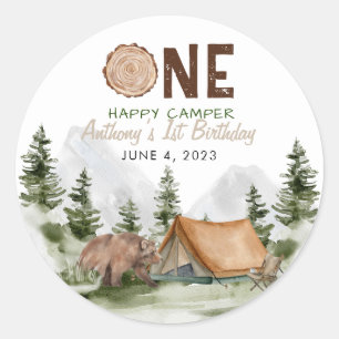 Sticker Rond Un Joyeux Camper Mountain Forest Bear 1er annivers