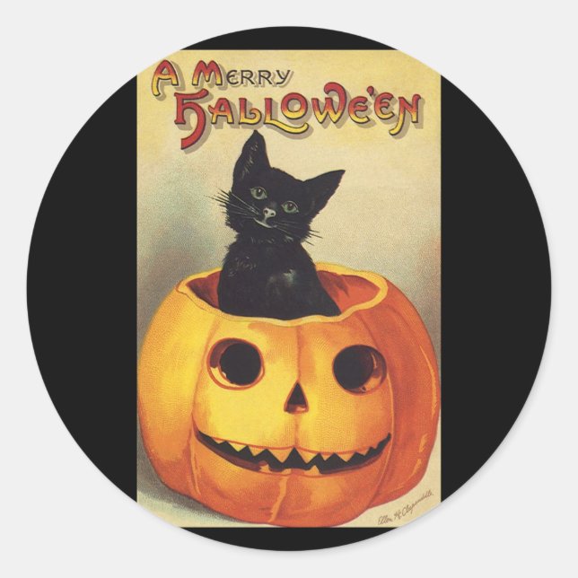 Sticker Rond Un joyeux Halloween par Ellen Clapsaddle, Chat Vin (Devant)