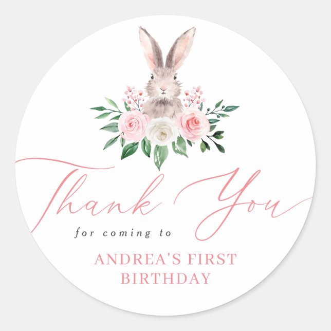 Sticker Rond Un lapin Blush rose Merci Floral Anniversaire (Devant)