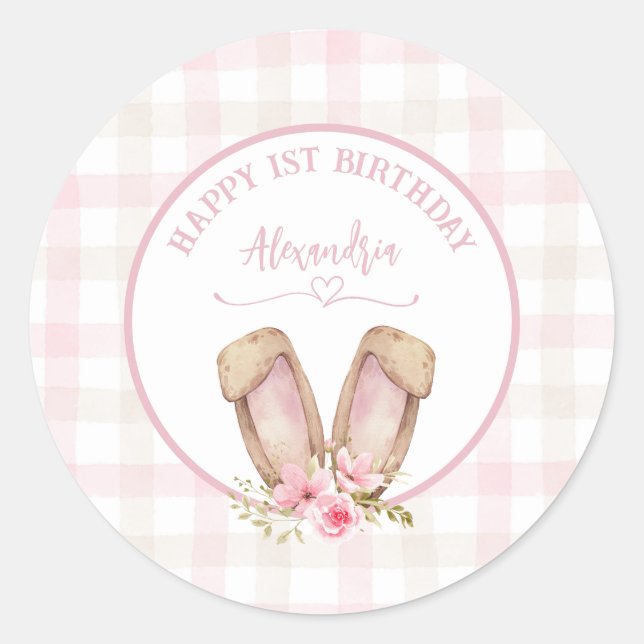 Sticker Rond Un Lapin Est En Train De Tourner Une Fille Rose (Devant)